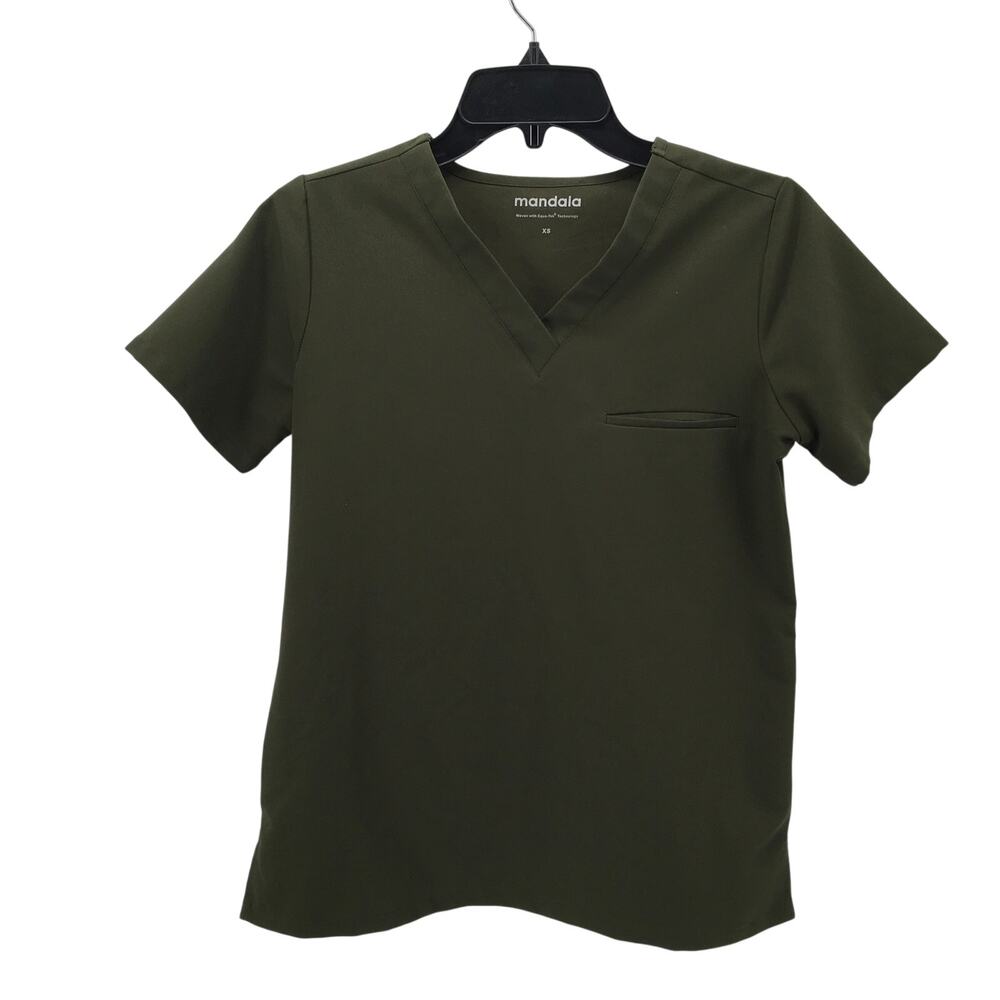 Mandala 1 pocket Scrub Top Olive Green Extra Small XS V Neck Nursing Healthcare